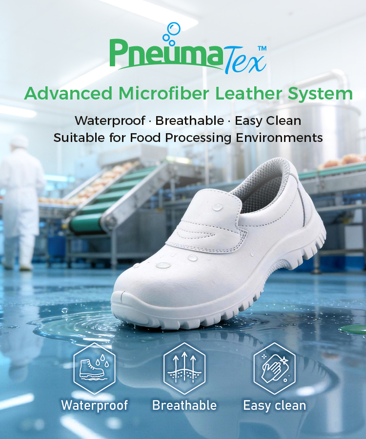 PneumaTex™ microfiber leather technology for lightweight and easy-clean safety footwear