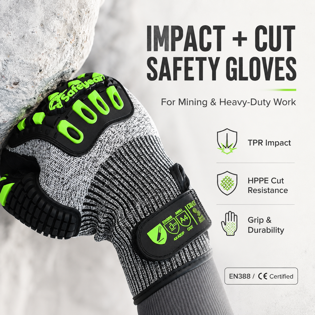  TPR9004 Guantes de corte resistentes a impactos para minería y trabajos pesados ​​(opción de alta visibilidad)