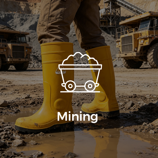Trabajadores de minería usando botas impermeables de seguridad