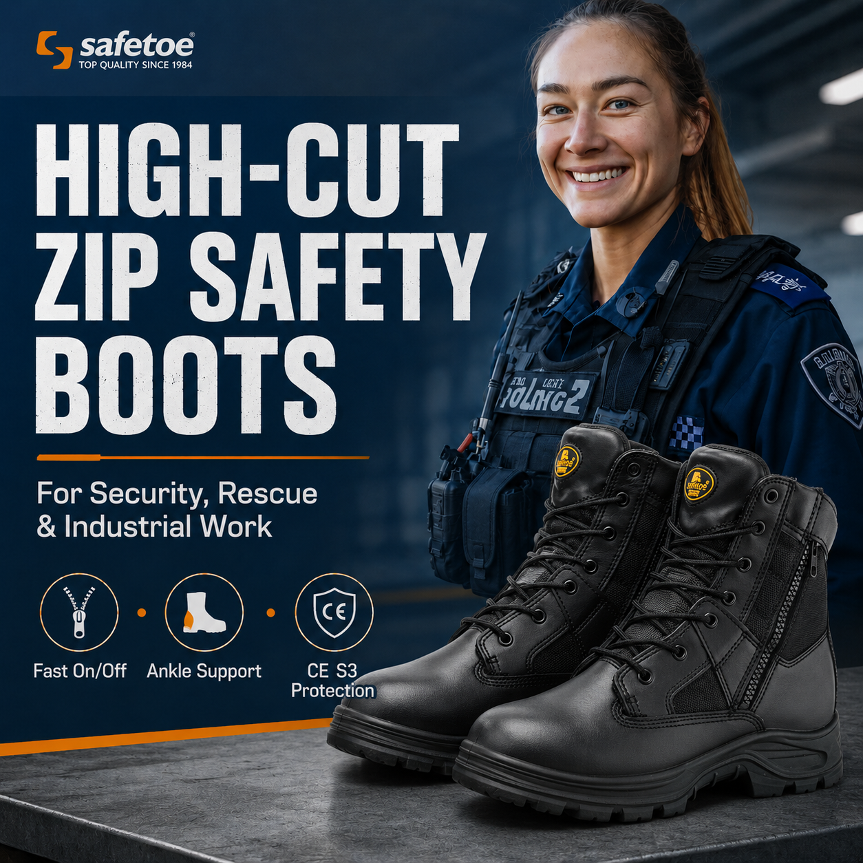 Botas de seguridad con cremallera estilo militar | Botas de seguridad de corte alto con certificación CE para rescate, seguridad y trabajos industriales