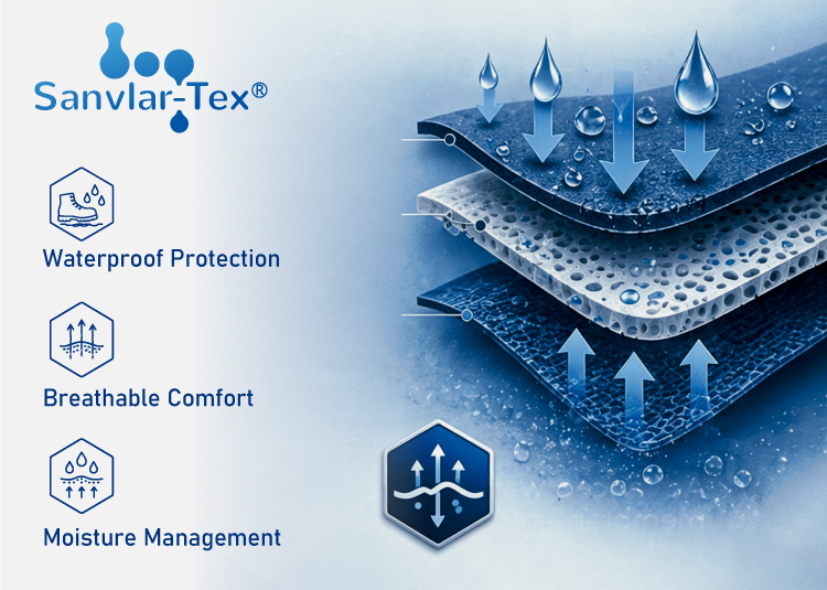Tecnología de membrana impermeable Sanvlar-Tex™ para protección de calzado de seguridad transpirable