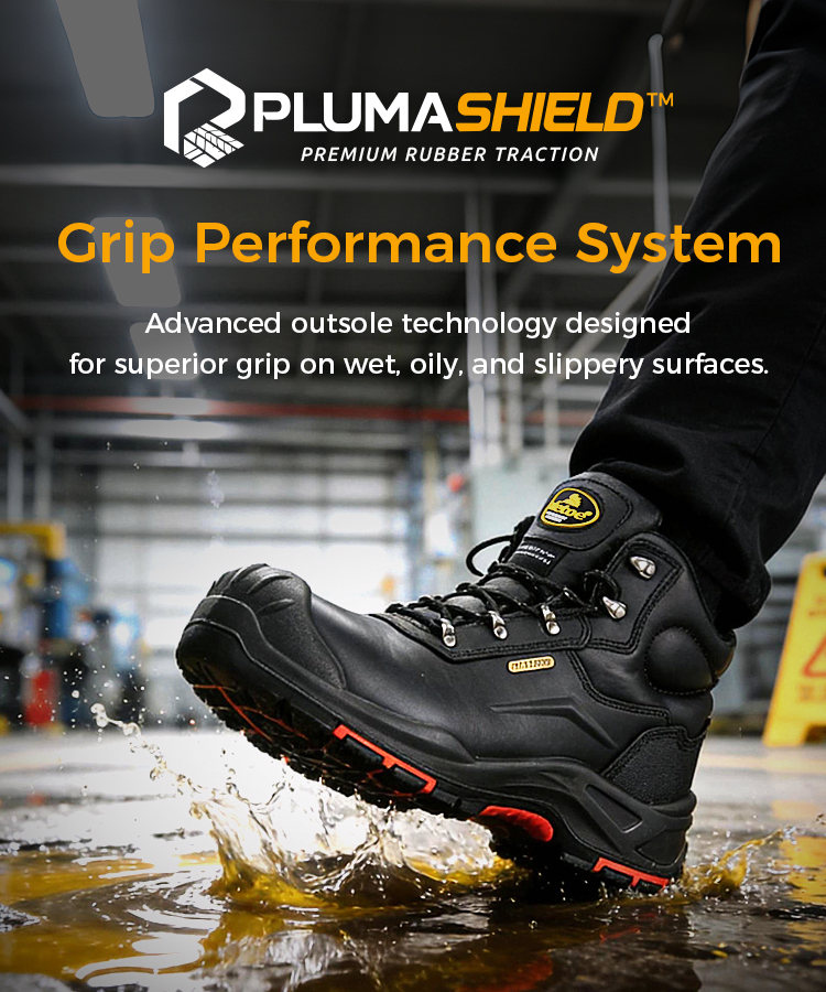 PlumaShield™ slip resistant outsole technology for oil resistant and industrial safety boots