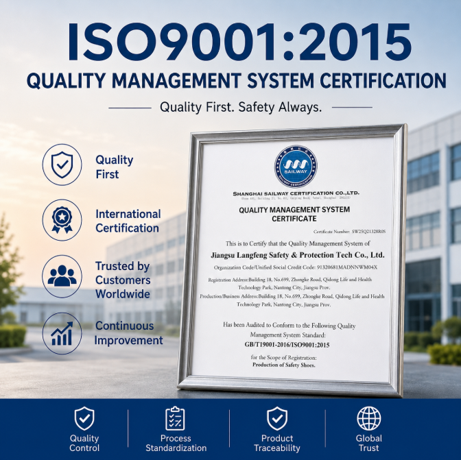 Langzhifeng Protective Technology obtiene la certificación ISO9001:2015｜Estableciendo un nuevo punto de referencia para la calidad en la fabricación de calzado de seguridad en China