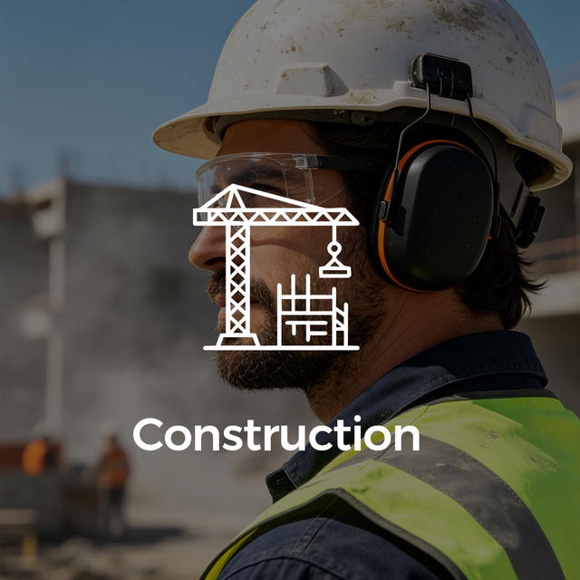 Trabajador de construcción usando orejeras de protección auditiva