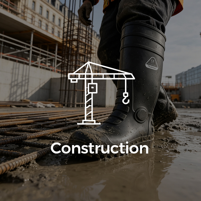 Trabajadores de construcción usando botas impermeables de seguridad